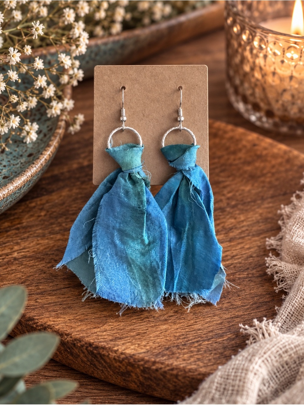 Handmade Blue Teal Sari Silk Ribbon Boho Earrings